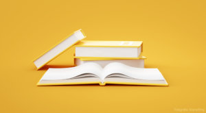 Stack of books on yellow background education concept 3d rendering